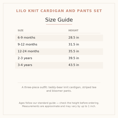 Lilo Knit Cardigan and Pants Set size guide - age and height