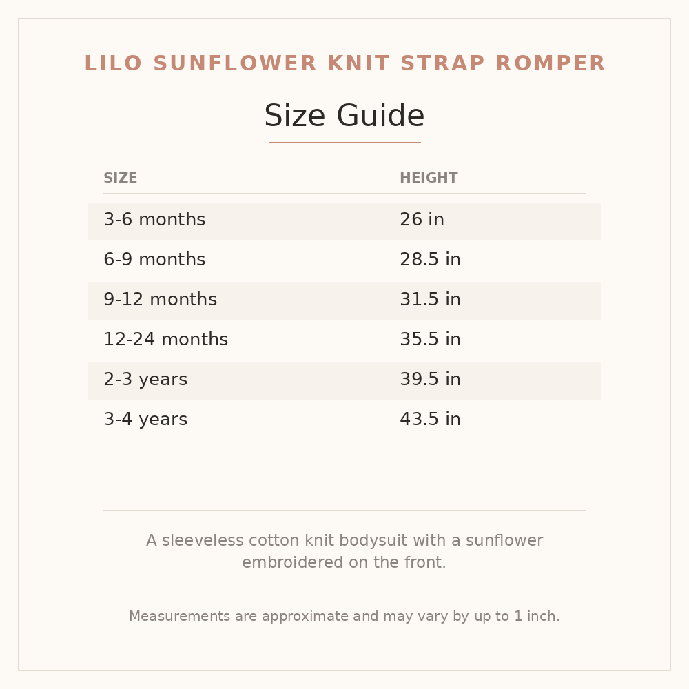 Lilo Sunflower Knit Strap Romper size guide - age and height