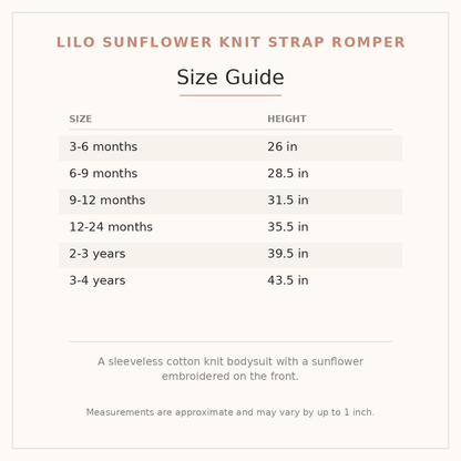 Lilo Sunflower Knit Strap Romper size guide - age and height