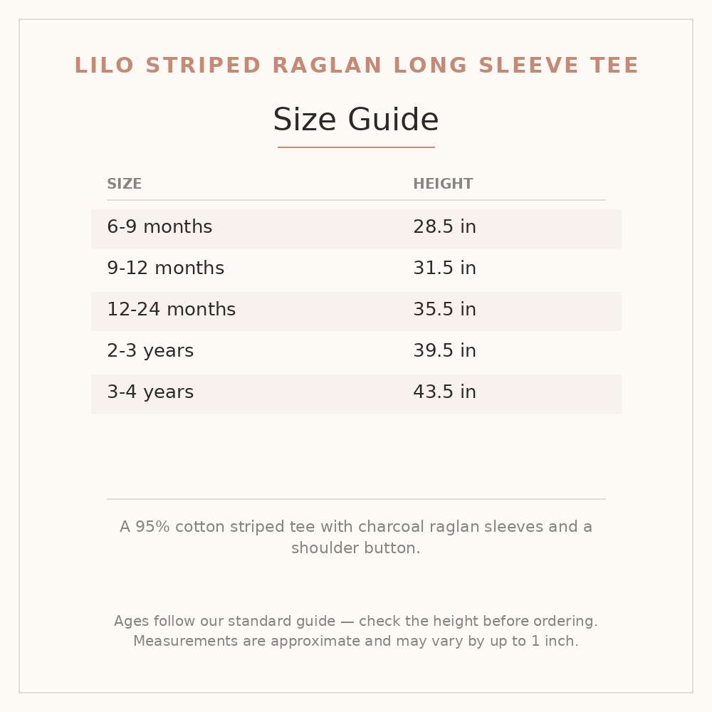 Lilo Striped Raglan Long Sleeve Tee size guide - age and height