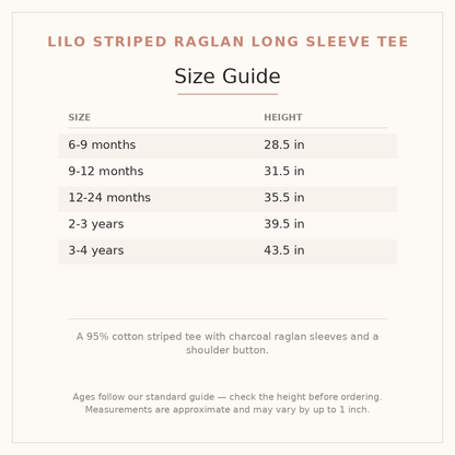 Lilo Striped Raglan Long Sleeve Tee size guide - age and height