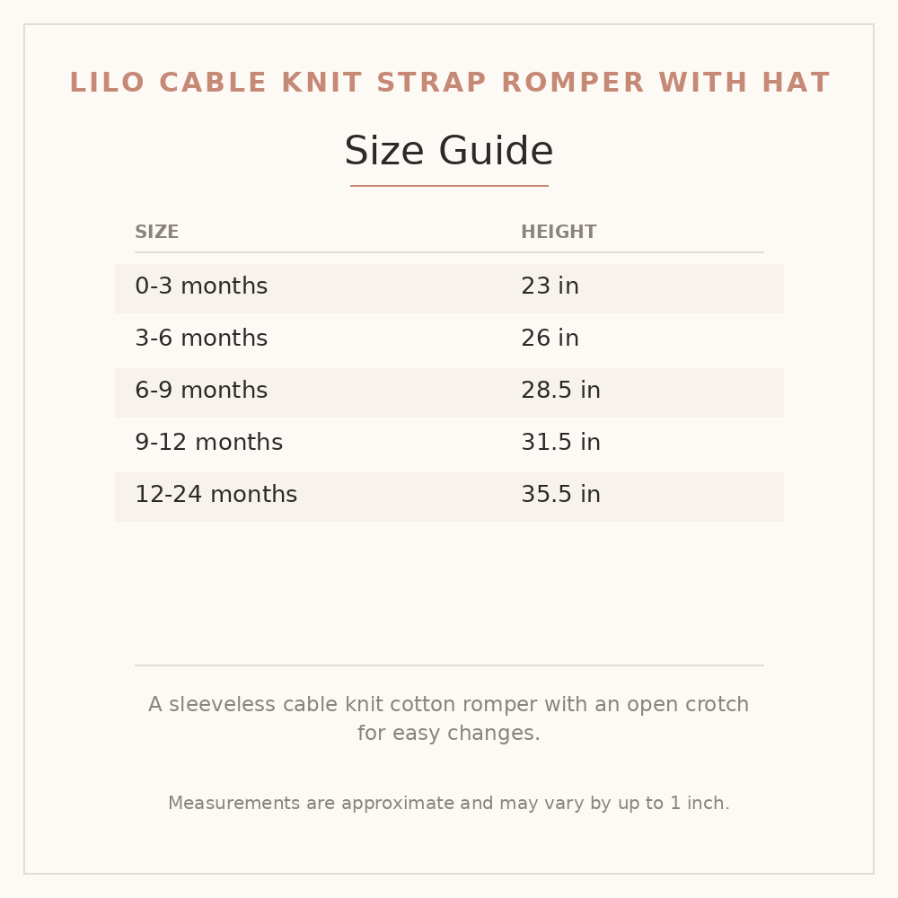 Lilo Cable Knit Strap Romper with Hat size guide - age and height