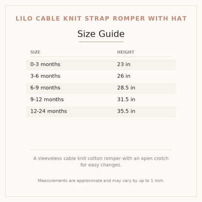 Lilo Cable Knit Strap Romper with Hat size guide - age and height