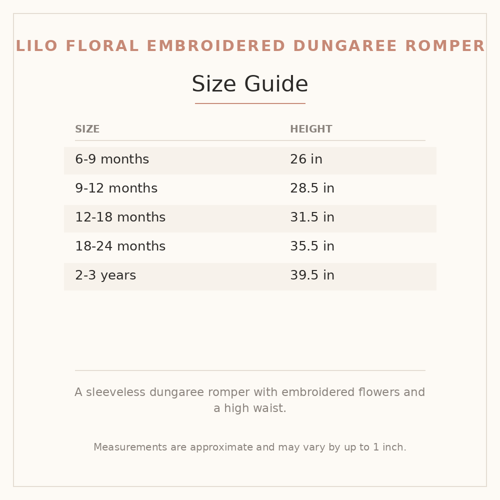 Lilo Floral Embroidered Dungaree Romper size guide - age and height