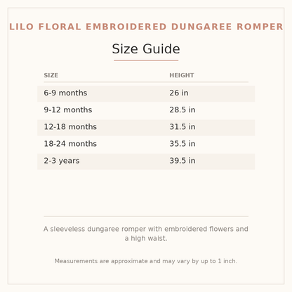 Lilo Floral Embroidered Dungaree Romper size guide - age and height