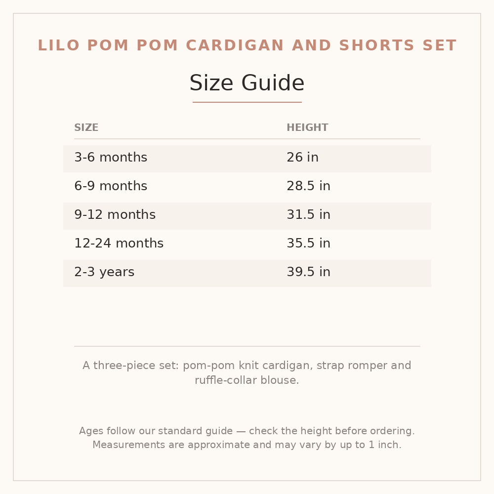 Lilo Pom Pom Cardigan and Shorts Set size guide - age and height