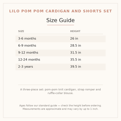 Lilo Pom Pom Cardigan and Shorts Set size guide - age and height