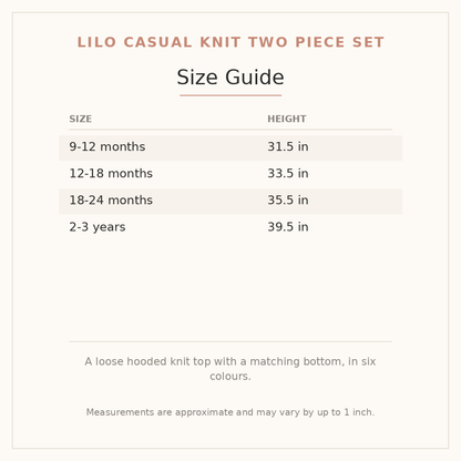 Lilo Casual Knit Two Piece Set size guide - age and height