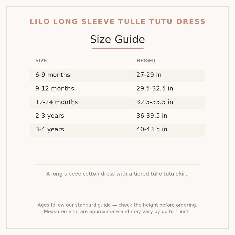 Lilo Long Sleeve Tulle Tutu Dress size guide - age and height