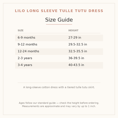 Lilo Long Sleeve Tulle Tutu Dress size guide - age and height
