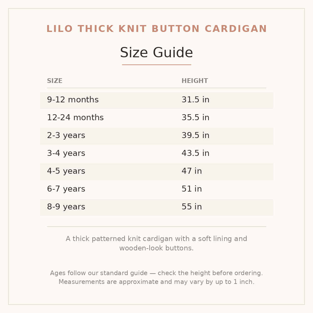 Lilo Thick Knit Button Cardigan size guide - age and height
