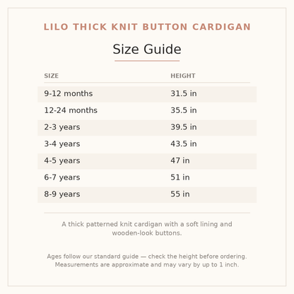 Lilo Thick Knit Button Cardigan size guide - age and height