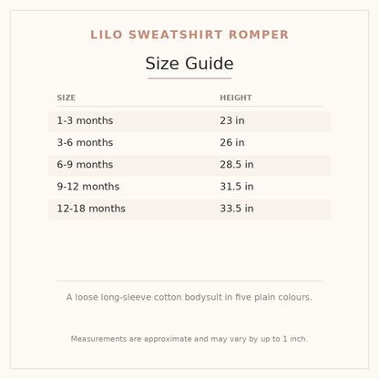 Lilo Sweatshirt Romper size guide - age and height