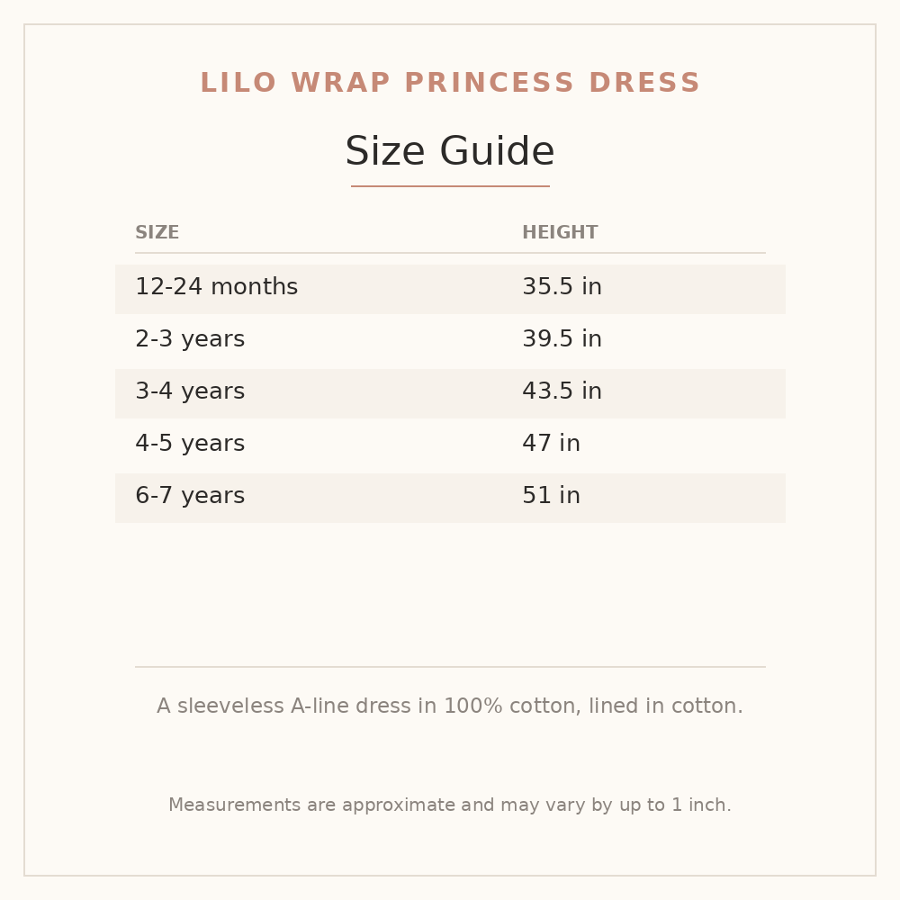 Lilo Wrap Princess Dress size guide - age and height