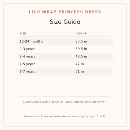 Lilo Wrap Princess Dress size guide - age and height