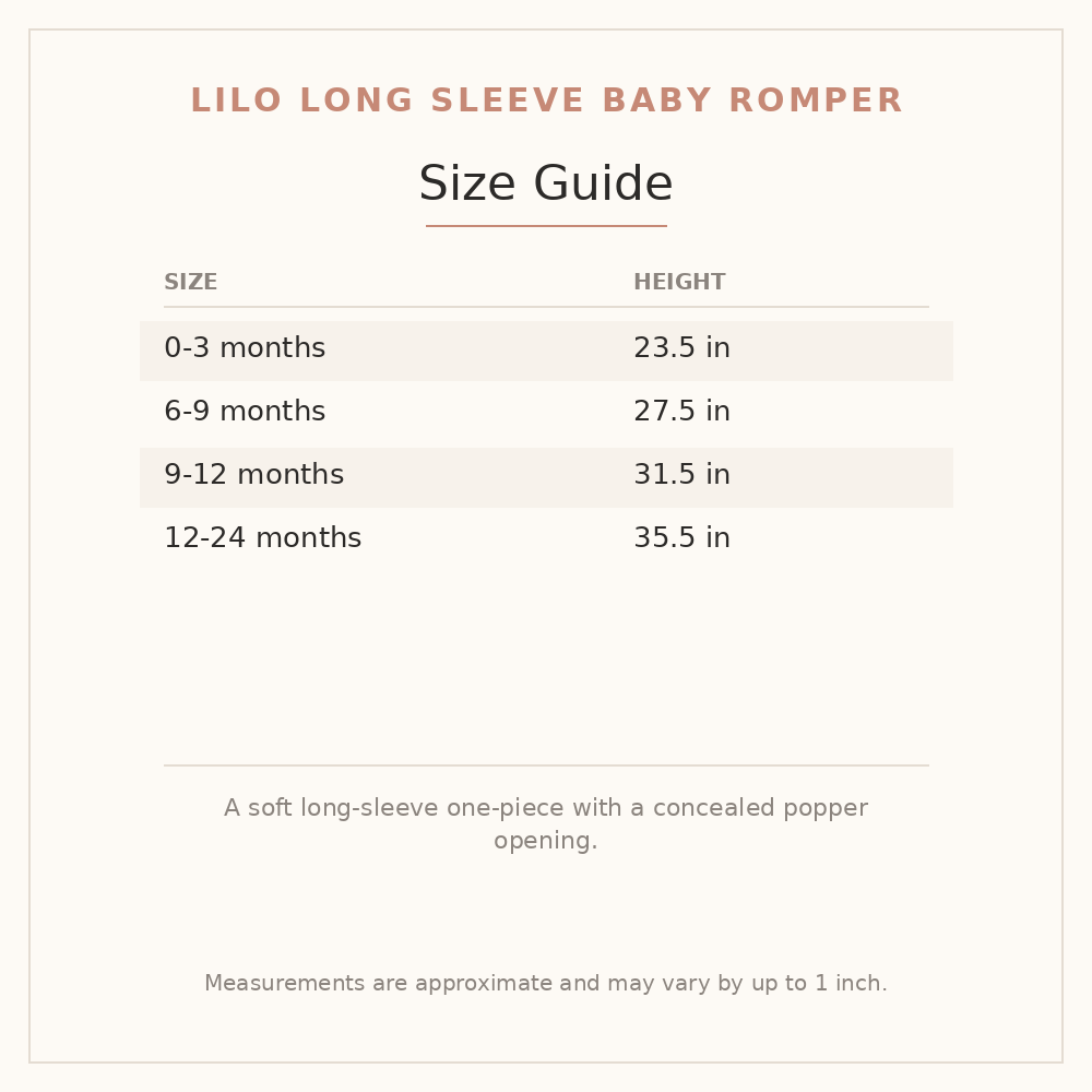 Lilo Long Sleeve Baby Romper size guide - age and height