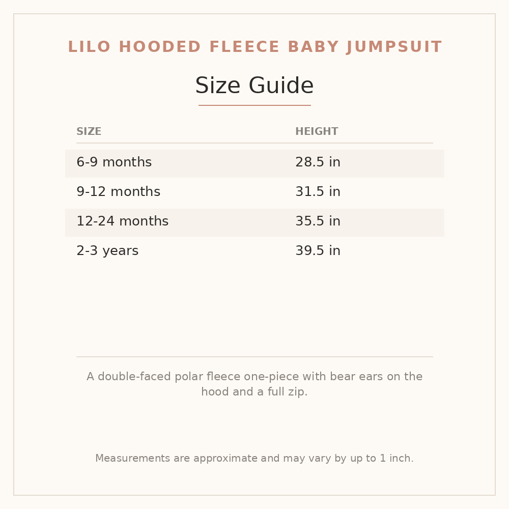 Lilo Hooded Fleece Baby Jumpsuit size guide - age and height