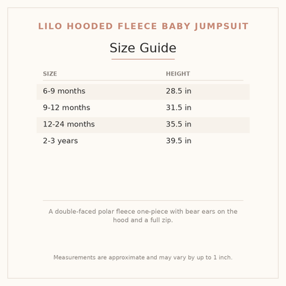 Lilo Hooded Fleece Baby Jumpsuit size guide - age and height