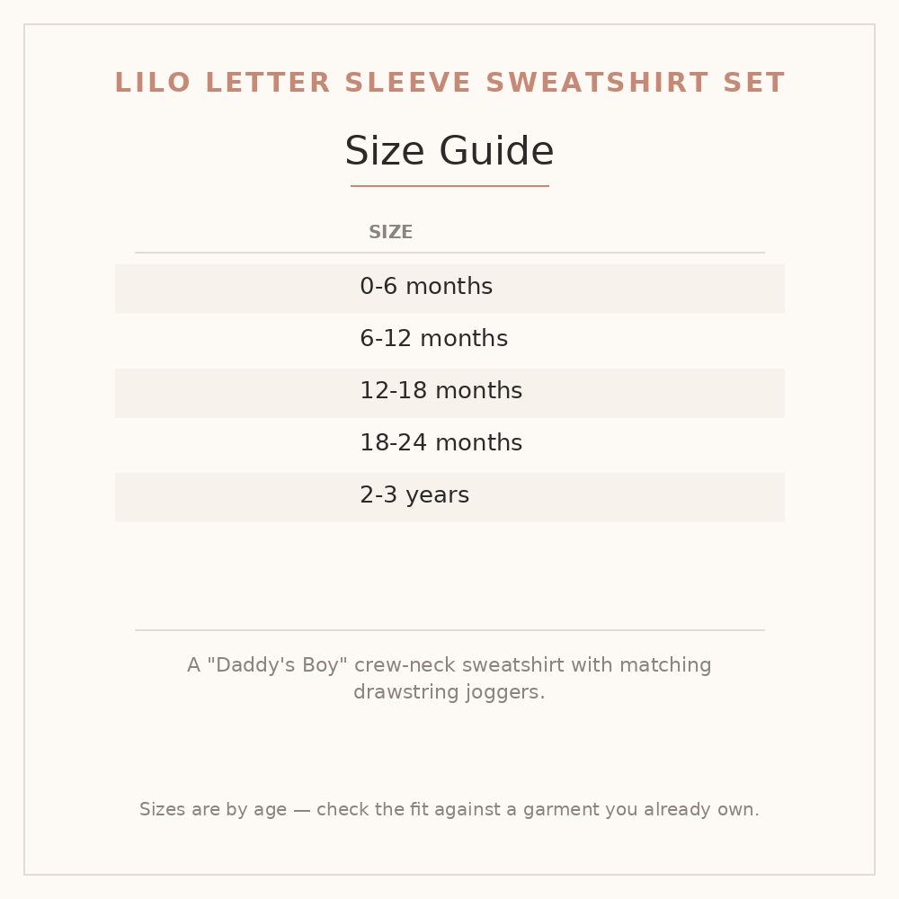 Lilo Letter Sleeve Sweatshirt Set size guide - age