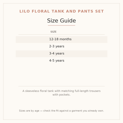 Lilo Floral Tank and Pants Set size guide - age