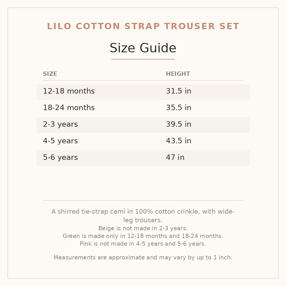 Lilo Cotton Strap Trouser Set size guide - age and height