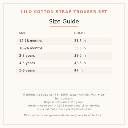 Lilo Cotton Strap Trouser Set size guide - age and height