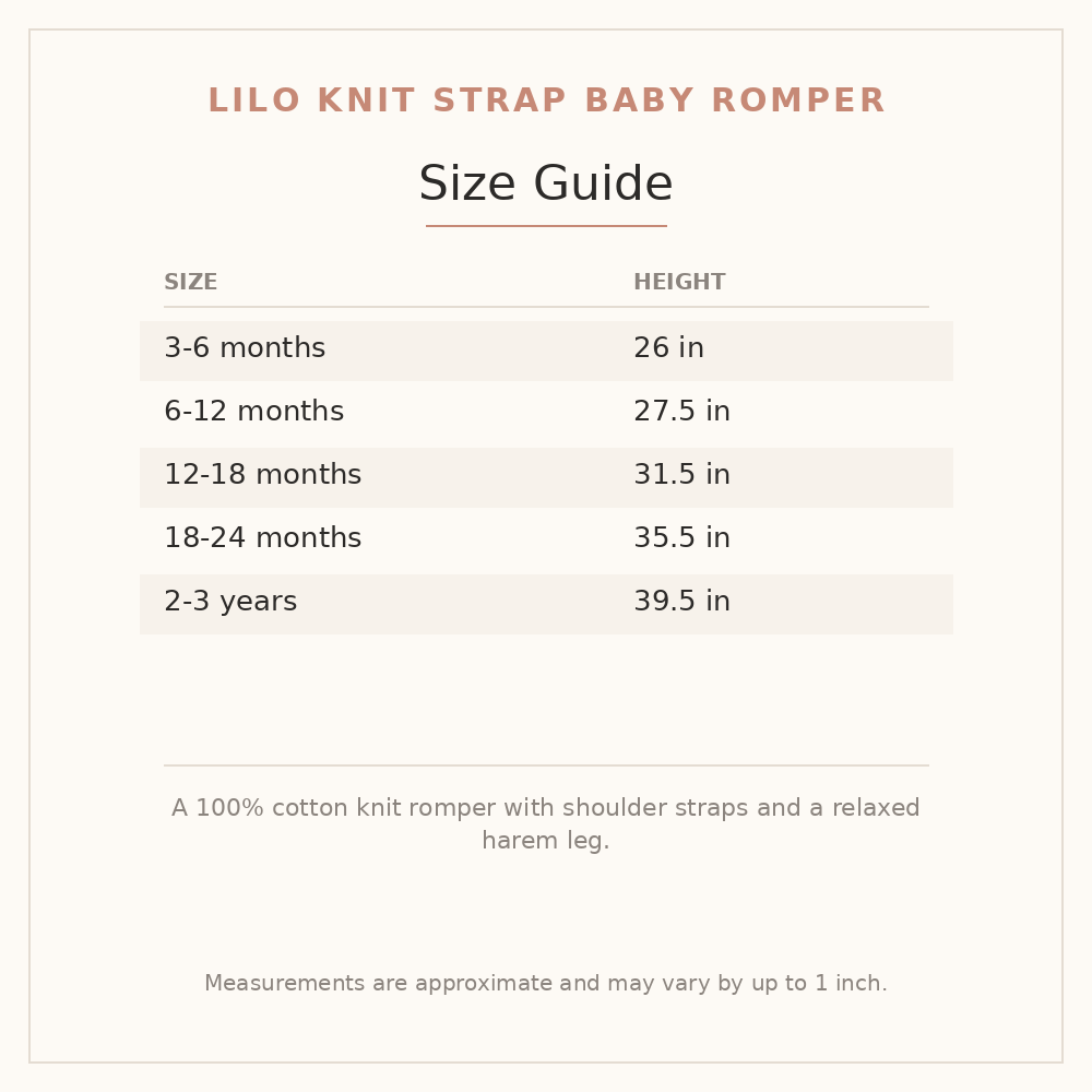 Lilo Knit Strap Baby Romper size guide - age and height