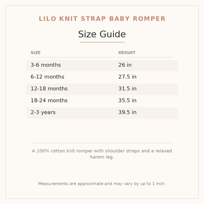 Lilo Knit Strap Baby Romper size guide - age and height