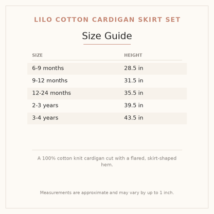 Lilo Cotton Cardigan Skirt Set size guide - age and height