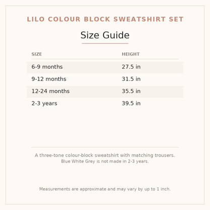 Lilo Colour Block Sweatshirt Set size guide - age and height