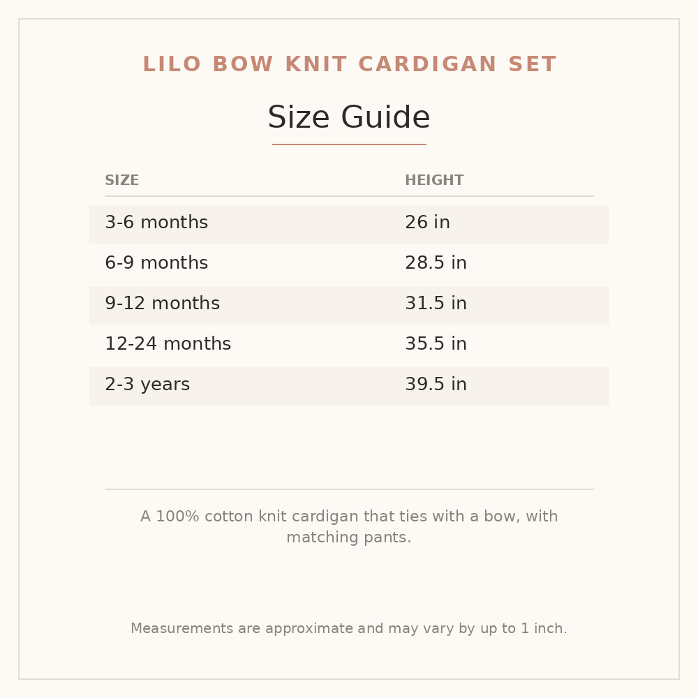 Lilo Bow Knit Cardigan Set size guide - age and height