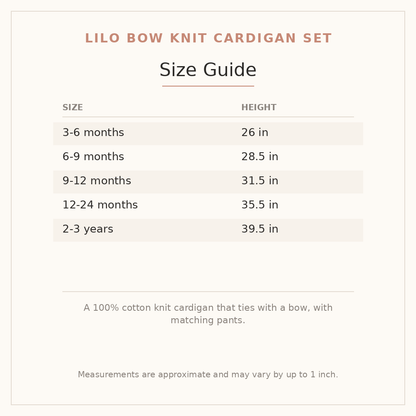 Lilo Bow Knit Cardigan Set size guide - age and height
