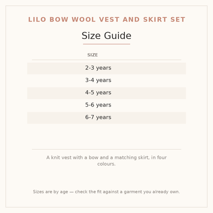 Lilo Bow Wool Vest and Skirt Set size guide - age