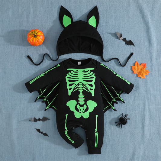 Halloween Skeleton Bat Baby Onesie with Hat