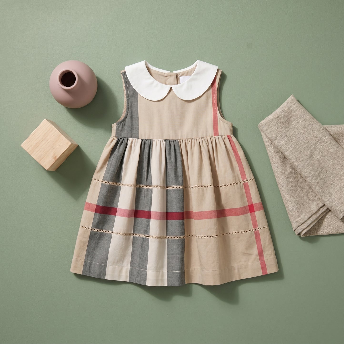Baby Lilo Beige Plaid Organic Cotton Girls Dress