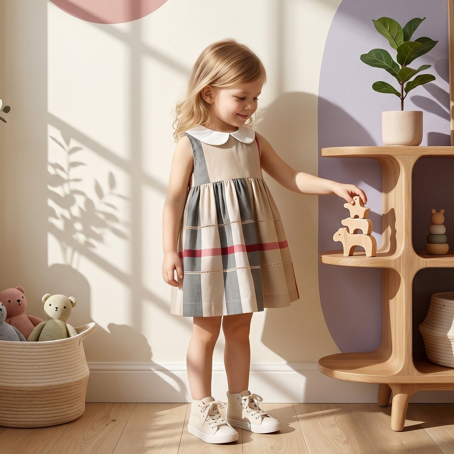 Baby Lilo Beige Plaid Organic Cotton Girls Dress
