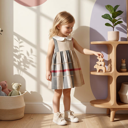 Baby Lilo Beige Plaid Organic Cotton Girls Dress