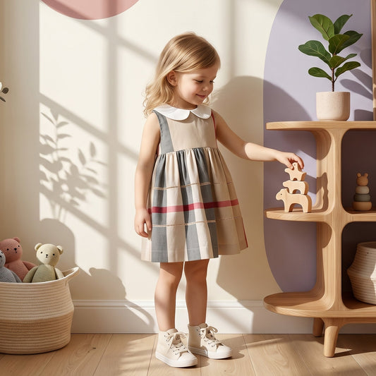 Baby Lilo Beige Plaid Organic Cotton Girls Dress