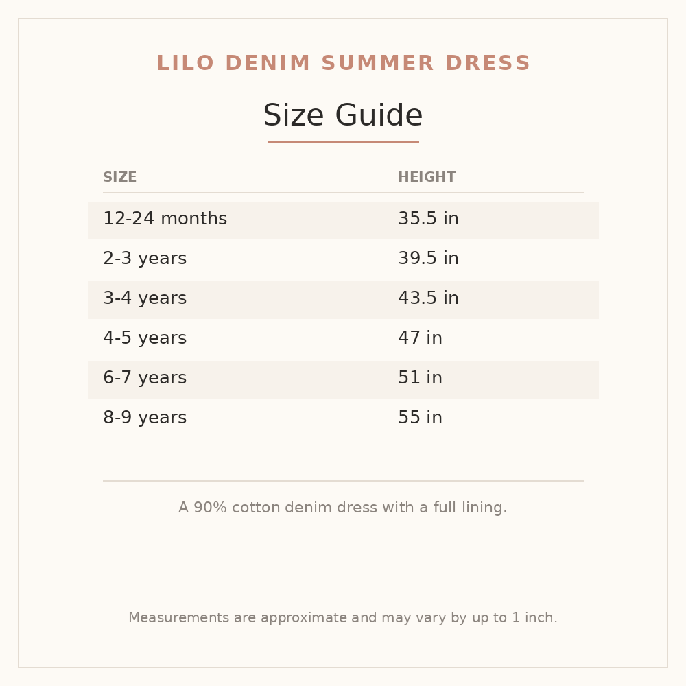 Lilo Denim Summer Dress size guide - age and height