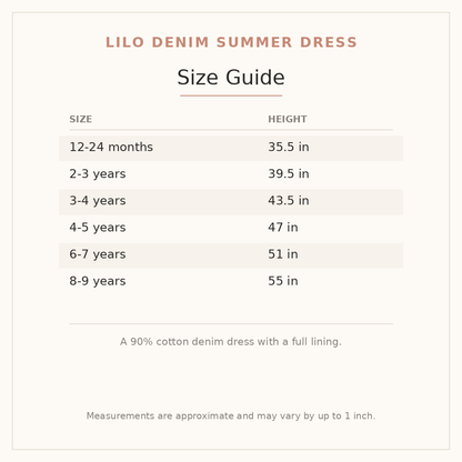 Lilo Denim Summer Dress size guide - age and height