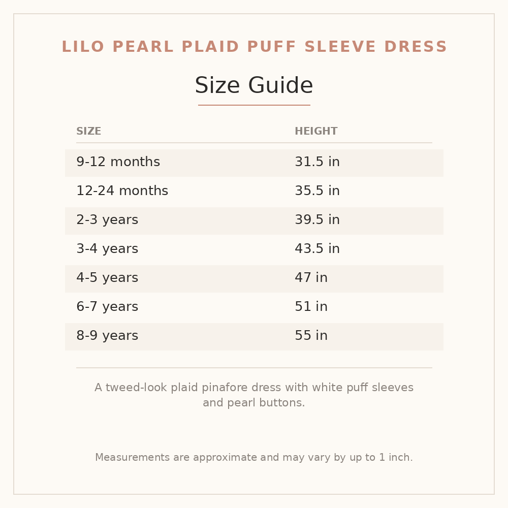 Lilo Pearl Plaid Puff Sleeve Dress size guide - age and height