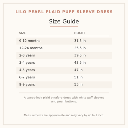 Lilo Pearl Plaid Puff Sleeve Dress size guide - age and height