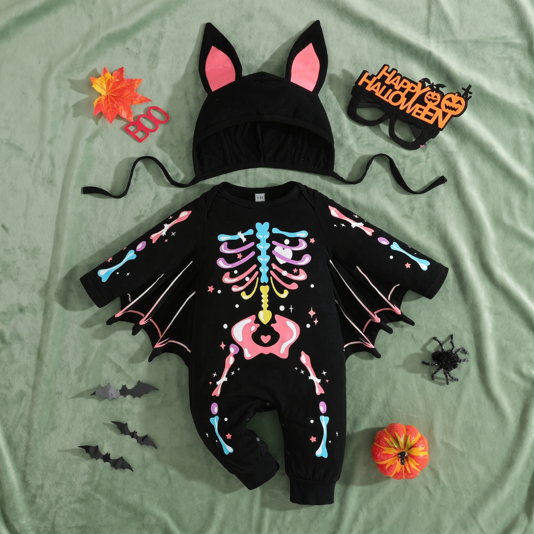 Halloween Skeleton Bat Baby Onesie with Hat