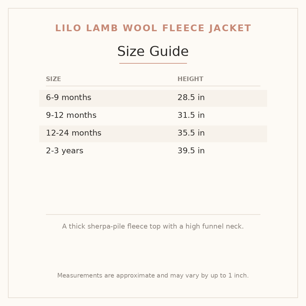 Lilo Lamb Wool Fleece Jacket size guide - age and height