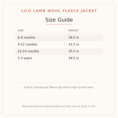 Lilo Lamb Wool Fleece Jacket size guide - age and height