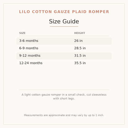 Lilo Cotton Gauze Plaid Romper size guide - age and height