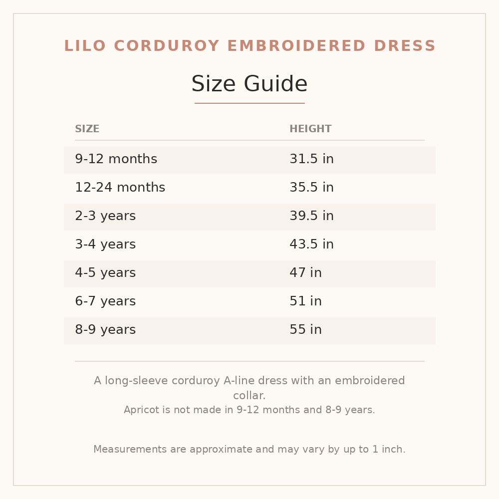 Lilo Corduroy Embroidered Dress size guide - age and height