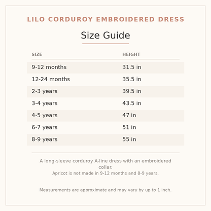 Lilo Corduroy Embroidered Dress size guide - age and height