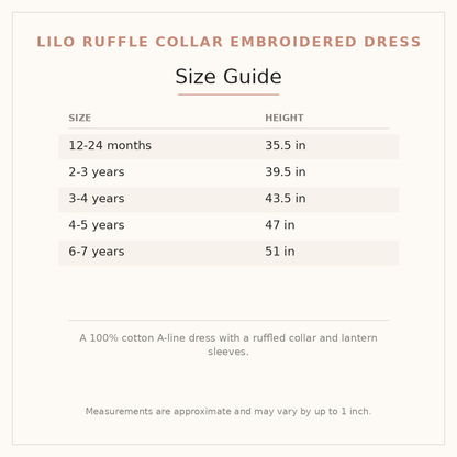 Lilo Ruffle Collar Embroidered Dress size guide - age and height