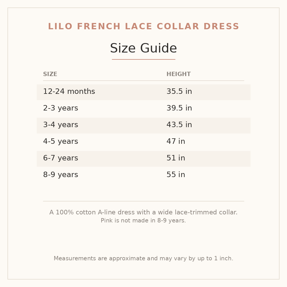 Lilo French Lace Collar Dress size guide - age and height